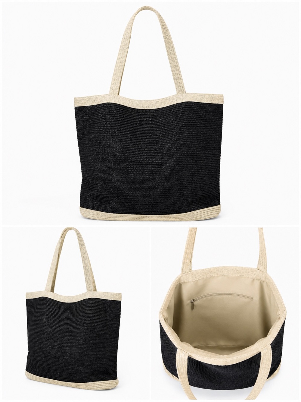 Capelli Black and Cream Straw Tote Bag - Women